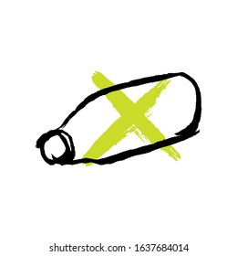 Vector ink brush illustration of plastic bottle with green prohibiting sign. Plastic package isolate on white background. Eco, plastic free concept, save the ocean template