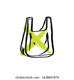 Vector ink brush illustration of plastic bag with green prohibiting sign. Plastic package isolate on white background. Eco, plastic free concept, save the ocean template