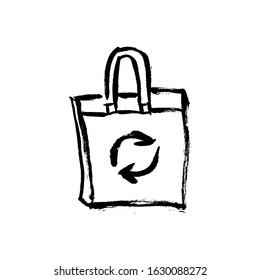 Vector ink brush illustration of textile plastic free bag. Plastic free shopping bag isolate on white background with recycling logo. Eco, plastic free concept, save the ocean collection template