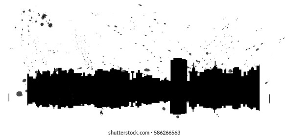 Vector ink cityscape silhouette sketch with ink drops illustration