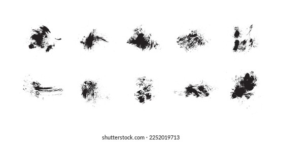 Vector ink design elements. Sponge stamps, traces of dry dirty brush, splashes, texture of pastel pencils. A set of grunge-black artistic brushstroke design elements isolated on white backgrounds.