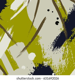 Vector ink drawing. Chaotic khaki color decoration. Brushstroke freehand drawing. Fresh textile popular art