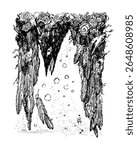 Vector ink drawing of a dark, crow-like creature with textured feathers and swirling abstract elements. Grungy, gothic, and hand-drawn.