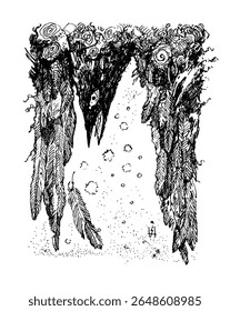 Vector ink drawing of a dark, crow-like creature with textured feathers and swirling abstract elements. Grungy, gothic, and hand-drawn.