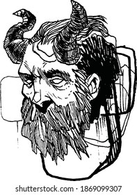 vector ink drawing of demonic face with varba horns and mustache