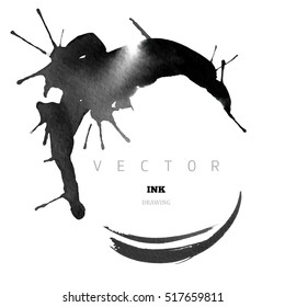 Vector Ink drawing, hand painted round frame, abstract background, ink spots and stains