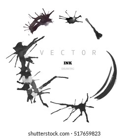 Vector Ink drawing, hand painted round frame, abstract background, ink spots and stains
