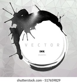 Vector Ink drawing, hand painted round frame, abstract background, ink spots and stains