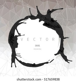 Vector Ink drawing, hand painted round frame, abstract background, ink spots and stains