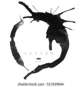 Vector Ink drawing, hand painted round frame, abstract background, ink spots and stains