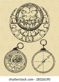 vector ink drawing picture, ancient astronomers machine