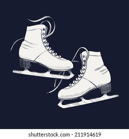 Vector ink drawing stylized illustration of classic ice skates for figure skating | Winter recreational item: white ice skates for ladies on dark background