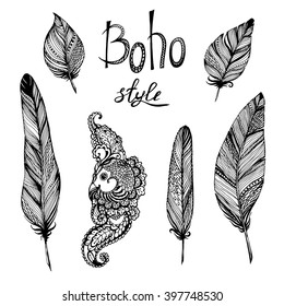 Vector ink drawn Bohemian style collection. Hand drawn vector illustration with ornamental lettering, feathers and Gipsy element.