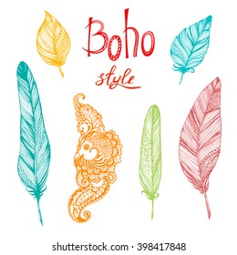 Vector ink drawn Bohemian style collection. Hand drawn vector illustration with ornamental lettering, feathers and Gipsy element.