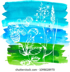 Vector ink drawn herbal background with cereals and raspberry on watercolor. Hand drawn botanical floral illustration for card, print, invitation, book, wrapping and other natural design with plants.