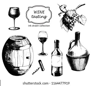 Vector ink drawn Wine elements collection. Black and white. hand drawn illustration in engraved style for menu, print, logo, banner, wrapping, wine card and other food design.