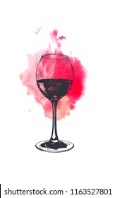 Vector ink drawn Wine glass on red watercolor blots. Engraving illustration for menu, print, wine card, and other wine design. Elements are isolated.
