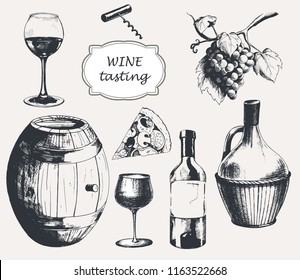 Vector ink drawn Wine Tasting elements collection. hand drawn illustration in engraved style for menu, print, logo, banner, wrapping, wine card and other food design.