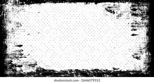 Vector ink frame border and halftone dot pattern Grunge poster design featuring abstract geometric shapes, paint splashes, and a distressed texture	