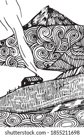 Vector ink graphic black and white illustration of a small house on the hill with the smoke coming out of pipe a lake on the side in the doodling coloring book style