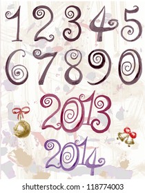 Vector ink grunge brush numbers. New Year 2013, 2014