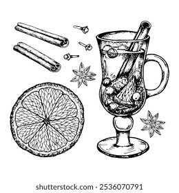 Vector ink hand drawn clipart of hot winter drink in glass cup: punch, mulled wine, tea with citrus, cinnamon sticks, star anise and cloves. Perfect for Christmas holiday print, pastry shop, cafe menu