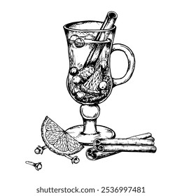 Vector ink hand drawn clipart of hot winter drink in glass cup: punch, mulled wine, tea with citrus, cinnamon sticks, star anise and cloves. Perfect for Christmas holiday print, pastry shop, cafe menu