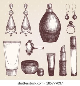 Vector ink hand drawn cosmetics and jewelry set. Vintage beauty  illustration