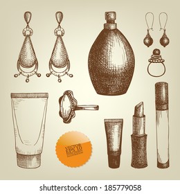 Vector ink hand drawn cosmetics and jewelry set. Vector beauty  illustration