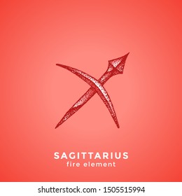 vector ink hand drawn dotwork tattoo style vintage design Sagittarius zodiac sign fire element illustration isolated red background
