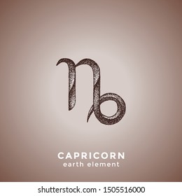 vector ink hand drawn dotwork tattoo style vintage design Capricorn zodiac sign earth element illustration isolated brown background
