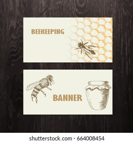 Vector ink hand drawn honey banners. Detailed engraved sketch illustrations.Graphic honeycomb, bee, pod. Great banner, poster, flyer for business promote.