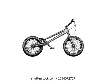 Vector ink hand drawn illustration of Mod Trial bike in vintage engraved style. 