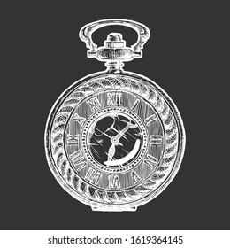 Vector ink hand drawn illustration of pocket watch. isolated on black background.  
