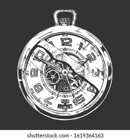 Vector ink hand drawn illustration of pocket watch. isolated on black background.  