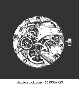 Vector ink hand drawn illustration of clockwork. Black and white. isolated on black background.  