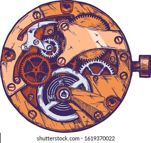 Vector ink hand drawn illustration of clockwork. Black and white. isolated on white. 