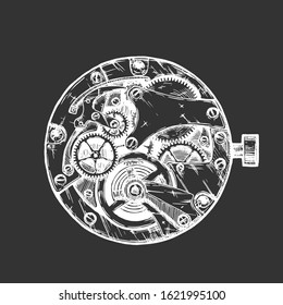 Vector ink hand drawn illustration of clockwork. Black and white. isolated on black background.  