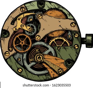 Vector ink hand drawn illustration of clockwork. Black and white. isolated on white. 