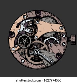 Vector ink hand drawn illustration of clockwork. Black and white. isolated on black background.  