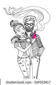 vector ink hand drawn illustration of a couple smoking weed