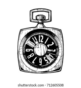 Vector ink hand drawn illustration of pocket watch. Black and white illustration. isolated on white.
