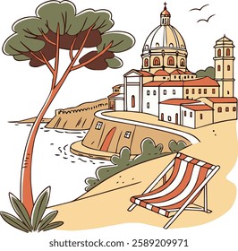 Vector ink hand drawn Italy coast sea or beach print elements