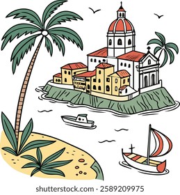 Vector ink hand drawn Italy coast sea or beach print elements