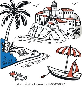 Vector ink hand drawn Italy coast sea or beach print elements