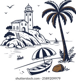 Vector ink hand drawn Italy coast sea or beach print elements