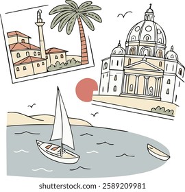 Vector ink hand drawn Italy coast sea or beach print elements