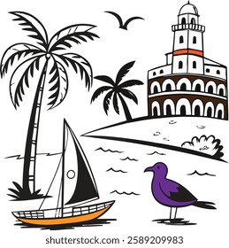 Vector ink hand drawn Italy coast sea or beach print elements