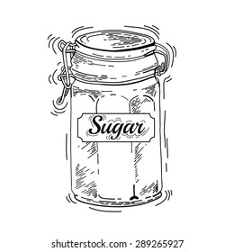 Vector ink hand drawn mason jars. Empty glass jar an engraving style. Jar isolated on white background. Sugar bowl isolated on a white background