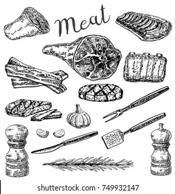 Conjunto de produtos de carne desenhados à mão com tinta vetorial. Carne, bacon, ervas e especiarias ilustração esboço vintage para receita, menu e impressão.